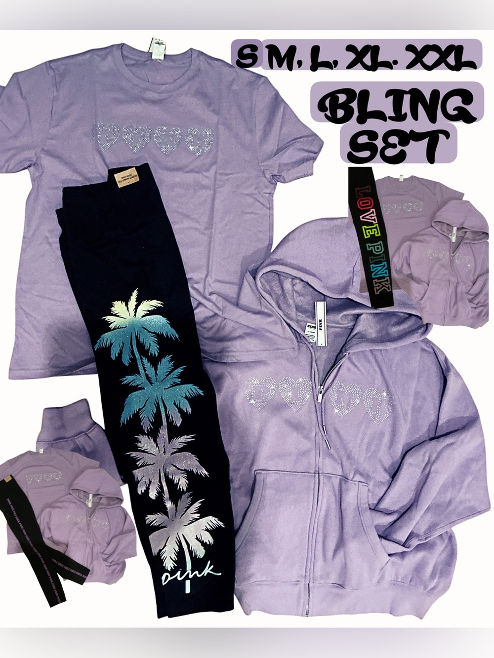 NEW VICTORIAS SECRET PINK BLING HOODIE, T SHIRT & LEGGINGS 3PC SET RHINESTONES